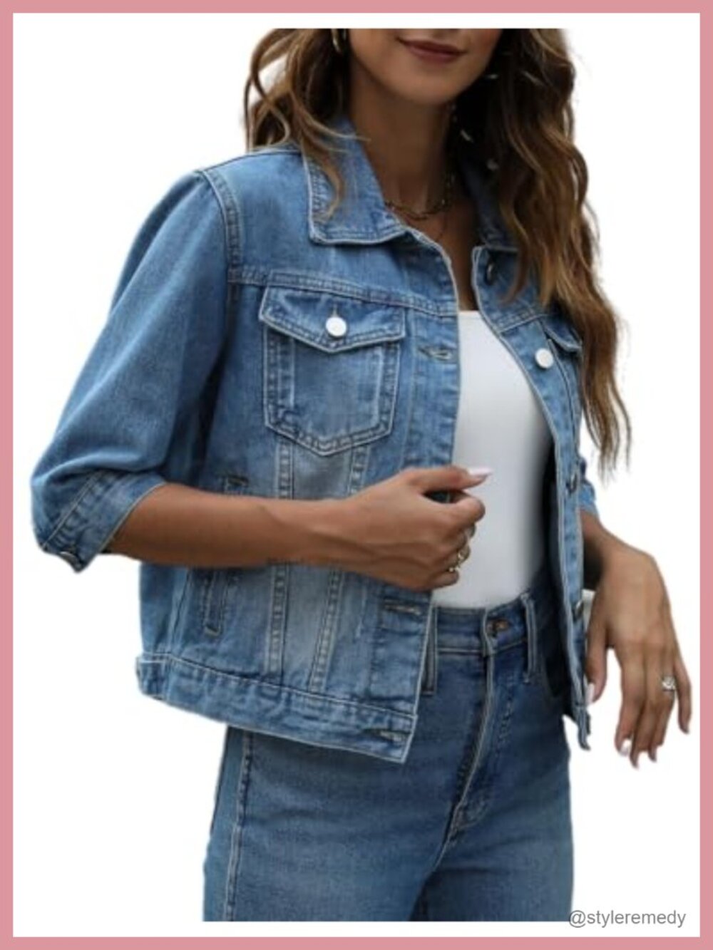 Women's Cropped Denim Jacket 3/4 Sleeve Button Down Retro Distressed 6 Pockets